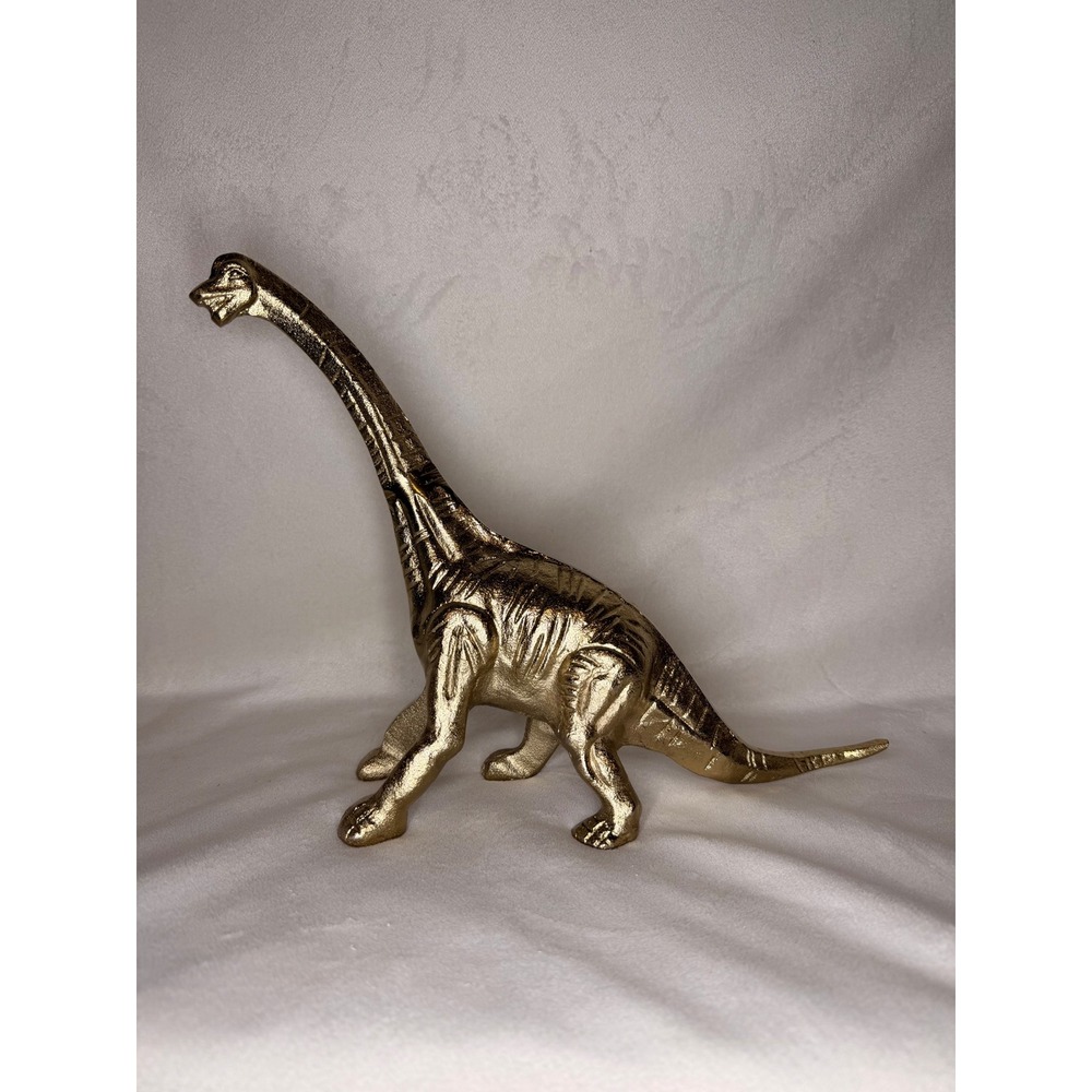 Vintage Gold Tone Brontosaurus Dinosaur Figurine Metal Sculpture Home Decor 10"